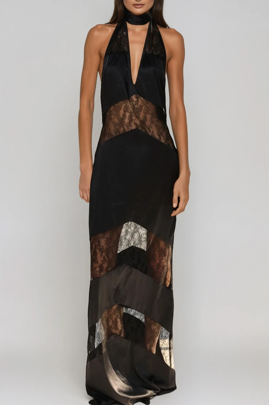 Bernal Satin Lace Cutout Maxi Dress in Black