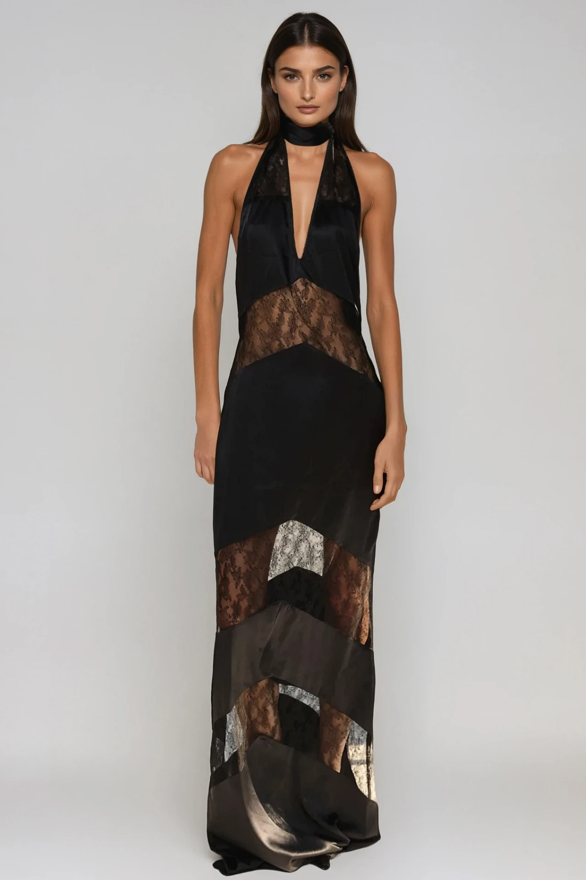 Bernal Satin Lace Cutout Maxi Dress in Black