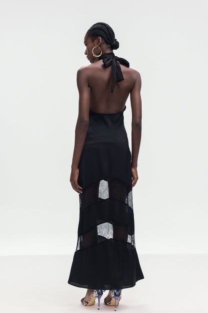 Bernal Satin Lace Cutout Maxi Dress in Black