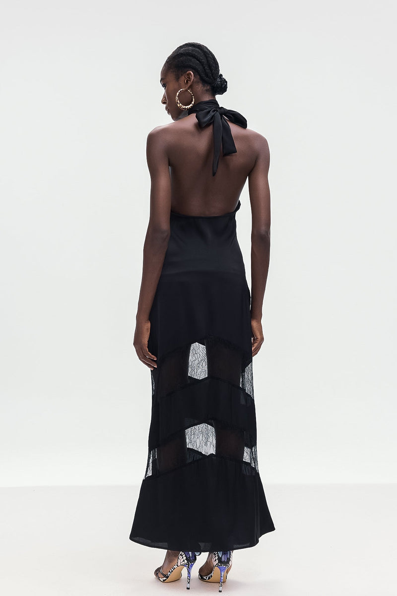 Bernal Satin Lace Cutout Maxi Dress in Black
