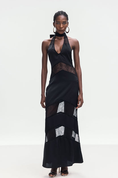 Bernal Satin Lace Cutout Maxi Dress in Black
