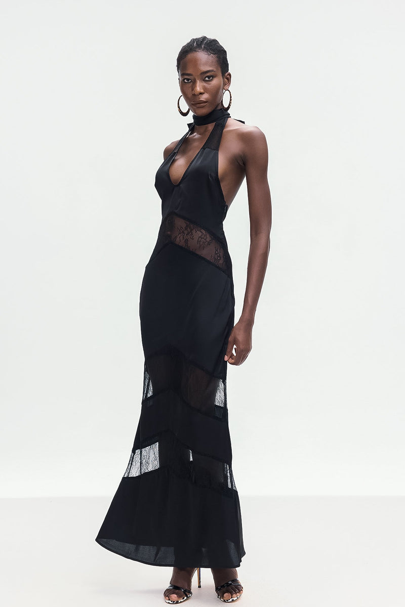 Bernal Satin Lace Cutout Maxi Dress in Black