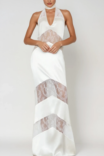 Bernal Satin Lace Cutout Maxi Dress in White