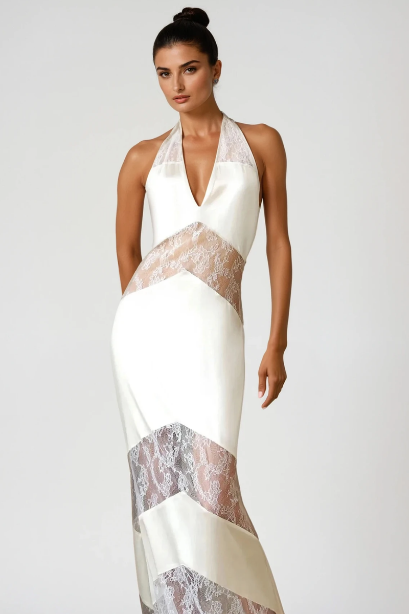Bernal Satin Lace Cutout Maxi Dress in White