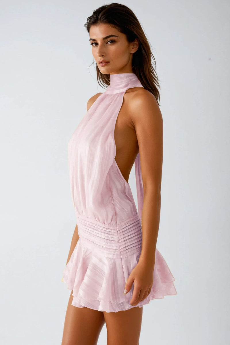 Bernique Halter Neck Ruch Ruffle Mini Dress in Pink
