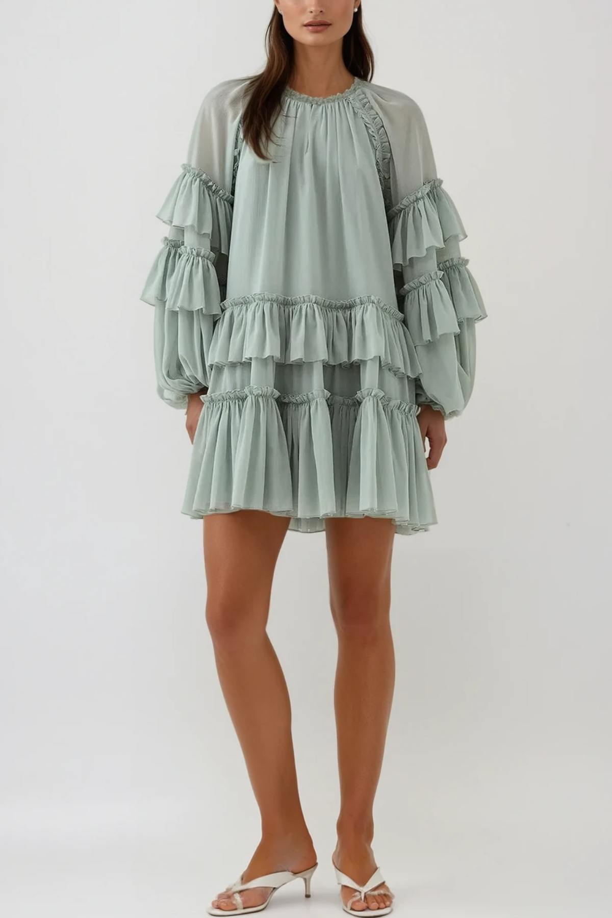 Berta Balloon Sleeve Mesh Ruch Ruffle Mini Dress