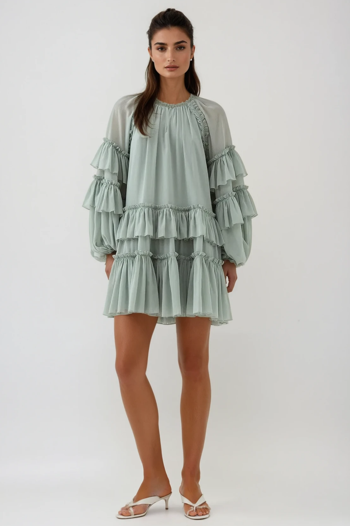 Berta Balloon Sleeve Mesh Ruch Ruffle Mini Dress