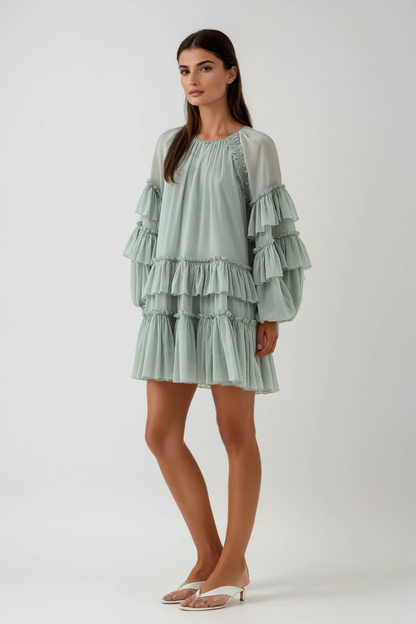 Berta Balloon Sleeve Mesh Ruch Ruffle Mini Dress