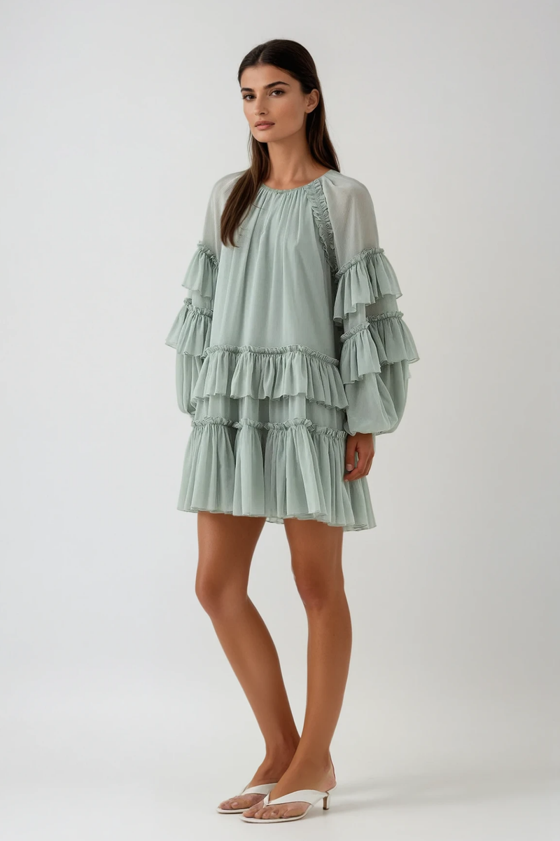 Berta Balloon Sleeve Mesh Ruch Ruffle Mini Dress