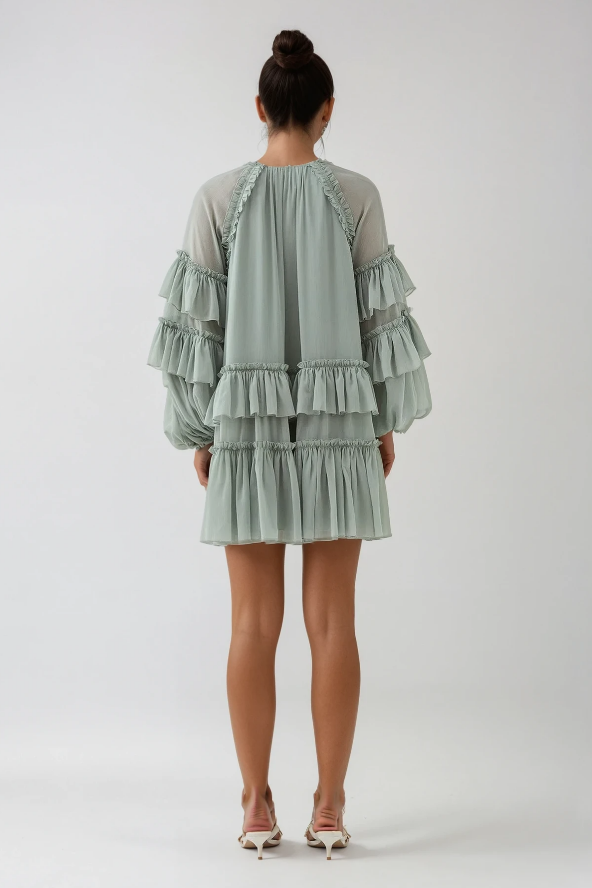 Berta Balloon Sleeve Mesh Ruch Ruffle Mini Dress