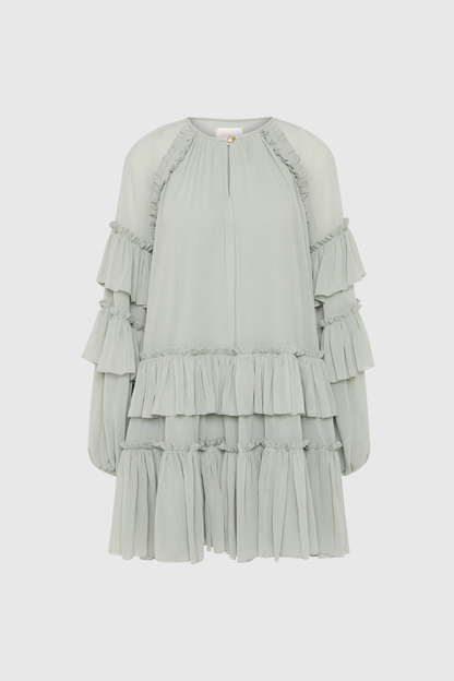 Berta Balloon Sleeve Mesh Ruch Ruffle Mini Dress