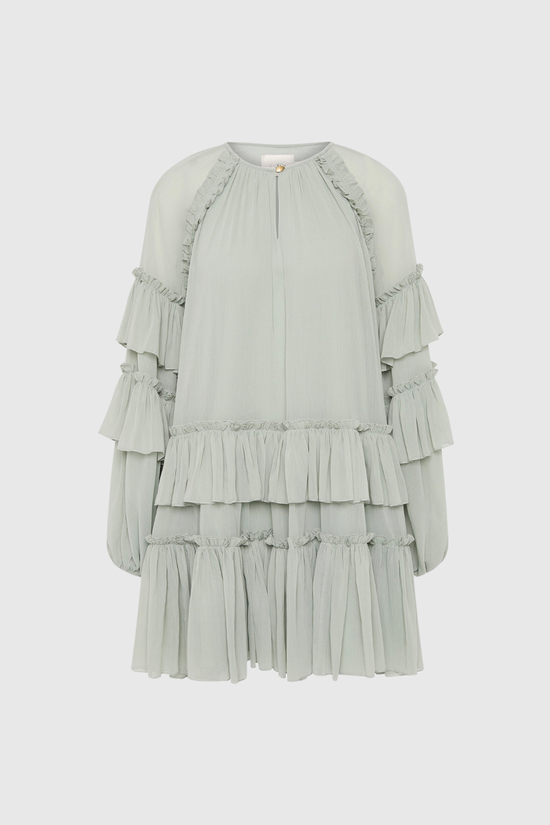 Berta Balloon Sleeve Mesh Ruch Ruffle Mini Dress