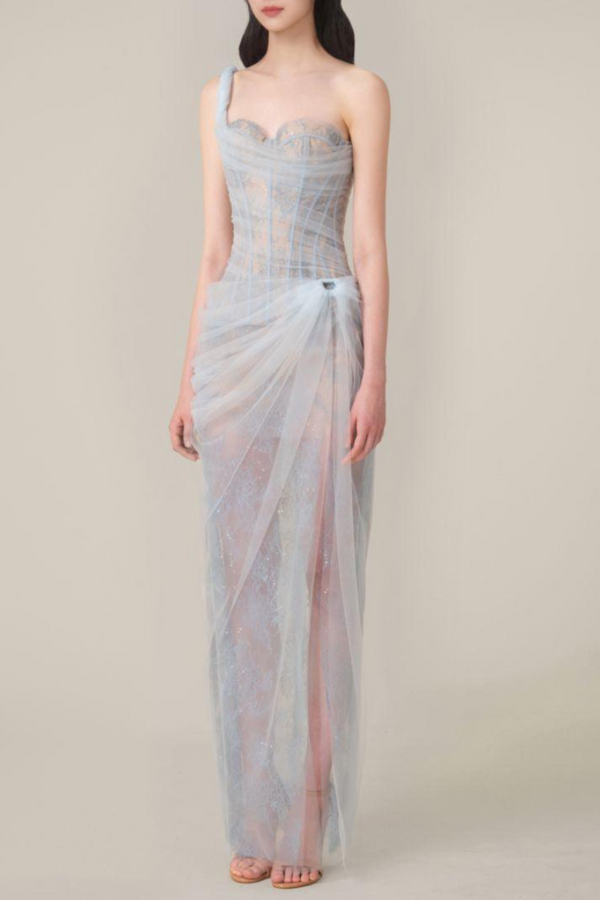 Bertille One Shoulder Maxi Dress in Blue