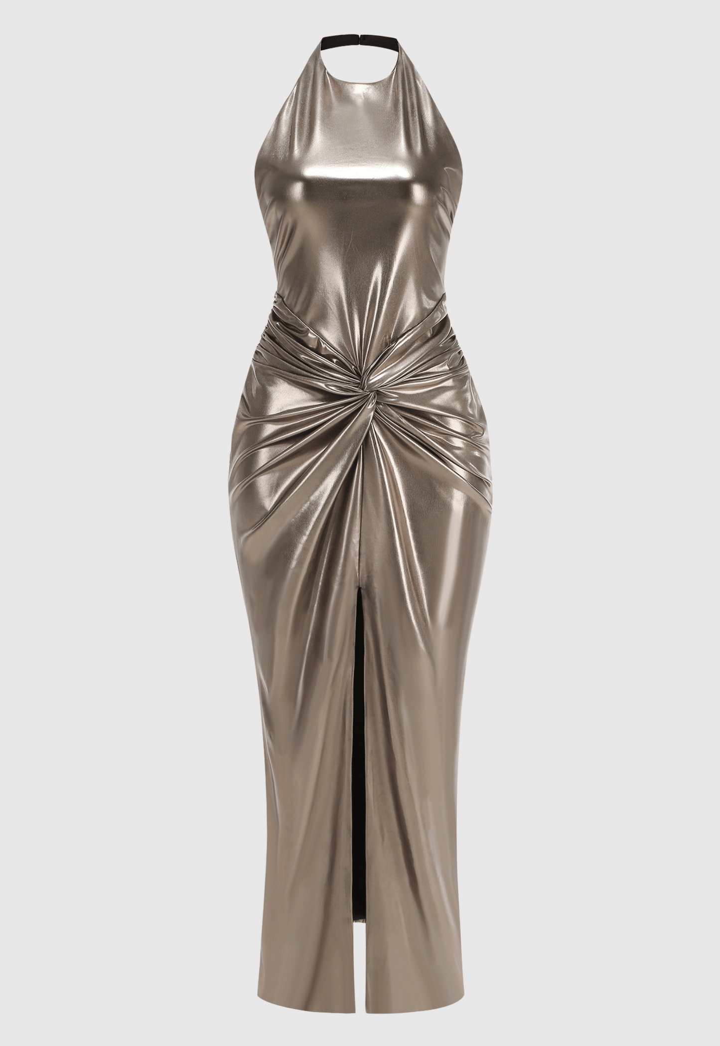 Berton Gold Halter Ruched Backless Split Maxi Dress