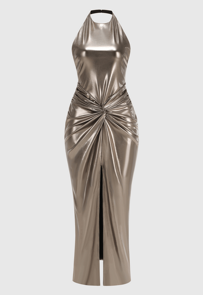 Berton Gold Halter Ruched Backless Split Maxi Dress