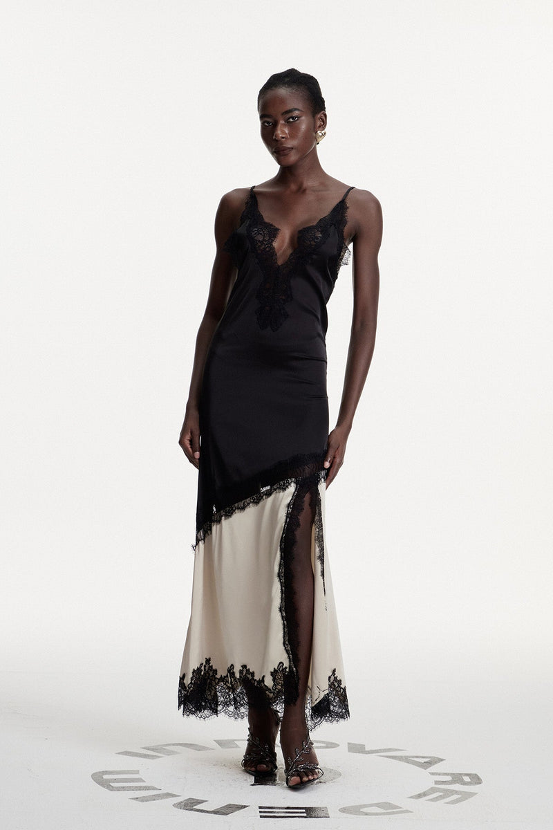 Bess Lace Plunge Satin Maxi Dress