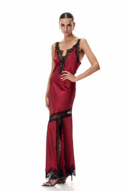 Bess Lace Plunge Satin Maxi Dress in Red