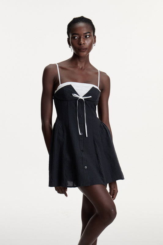 Bhaskara Stripe Lace Spaghetti Mini Dress in Black