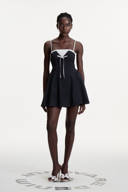 Bhaskara Stripe Lace Spaghetti Mini Dress in Black