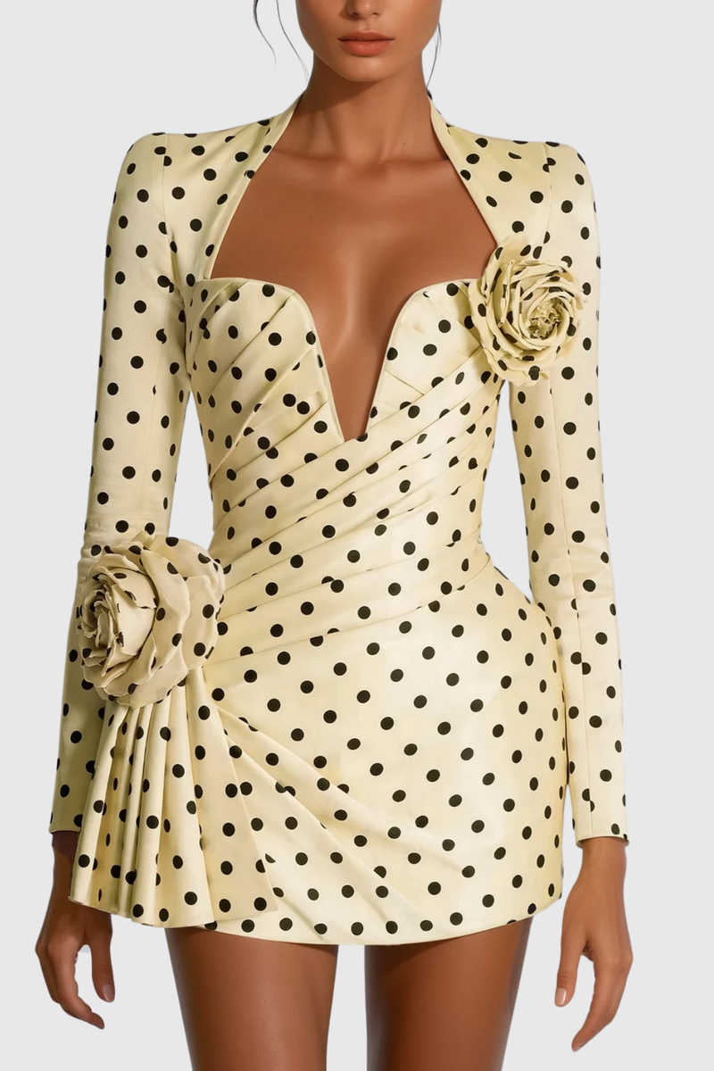 Biaggio Dot Flower Ruch Mini Dress in Yellow