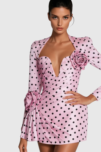 Biaggio Dot Flower Ruch Mini Dress in Pink