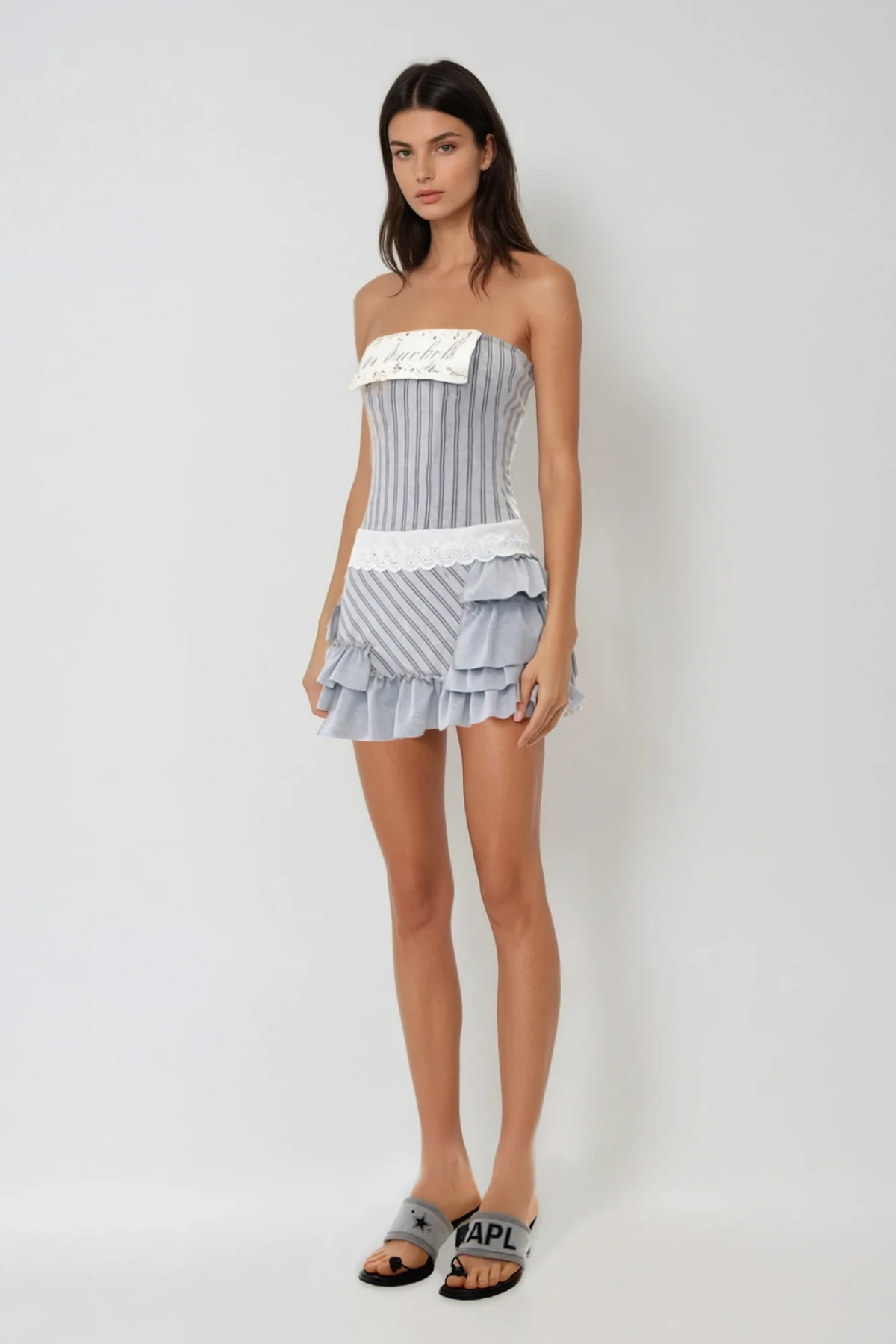 Bibek Stripe Ruffle Asymmetric Mini Dress