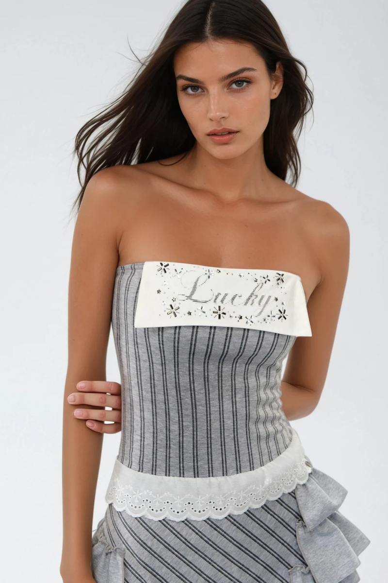 Bibek Stripe Ruffle Asymmetric Mini Dress