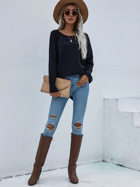 Oversized Collared Down Knit Sweater - Black