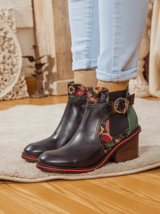 Soffia | Pattern Block Heel Leather Ankle Boot