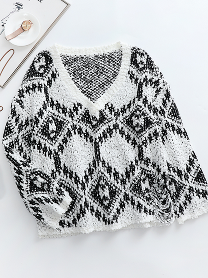 | Geometric Pattern Ripped Side Hem Sweater - Black