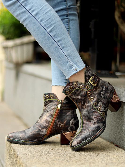 Soffia | Antique Prints With Metallic Stud Moto Boot