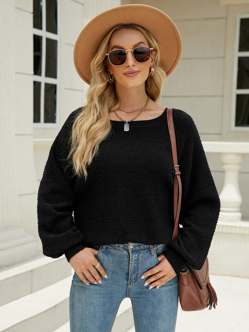 Fuzzy Balloon Sleeve Knit Sweater - Black