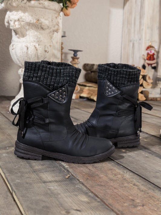 En Bloom | Black Ruched Back Tie-accent Flat Comfy Combat Boots
