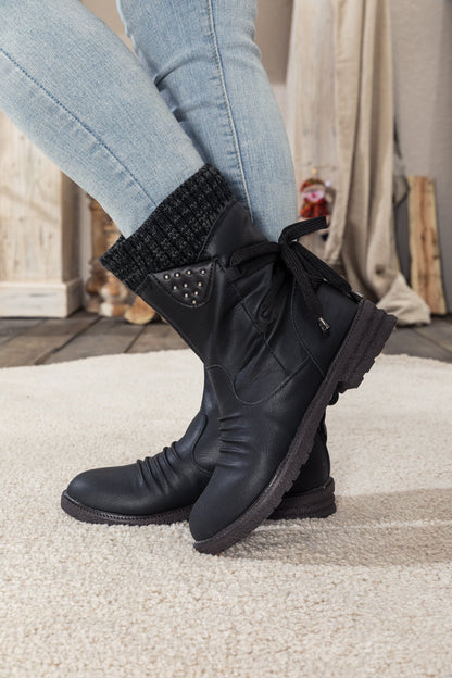 En Bloom | Black Ruched Back Tie-accent Flat Comfy Combat Boots