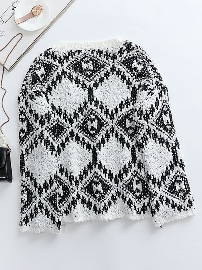 | Geometric Pattern Ripped Side Hem Sweater - Black