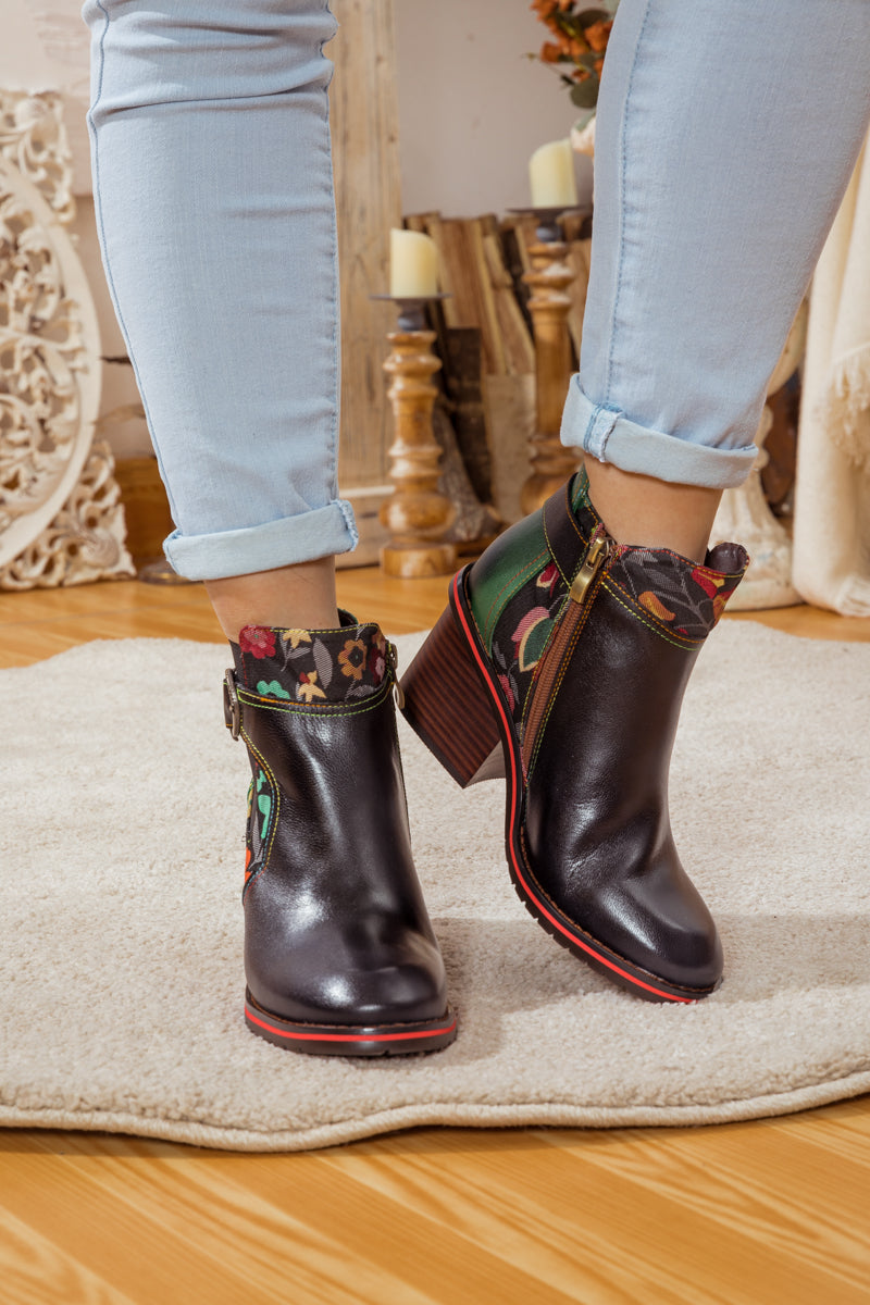 Soffia | Pattern Block Heel Leather Ankle Boot