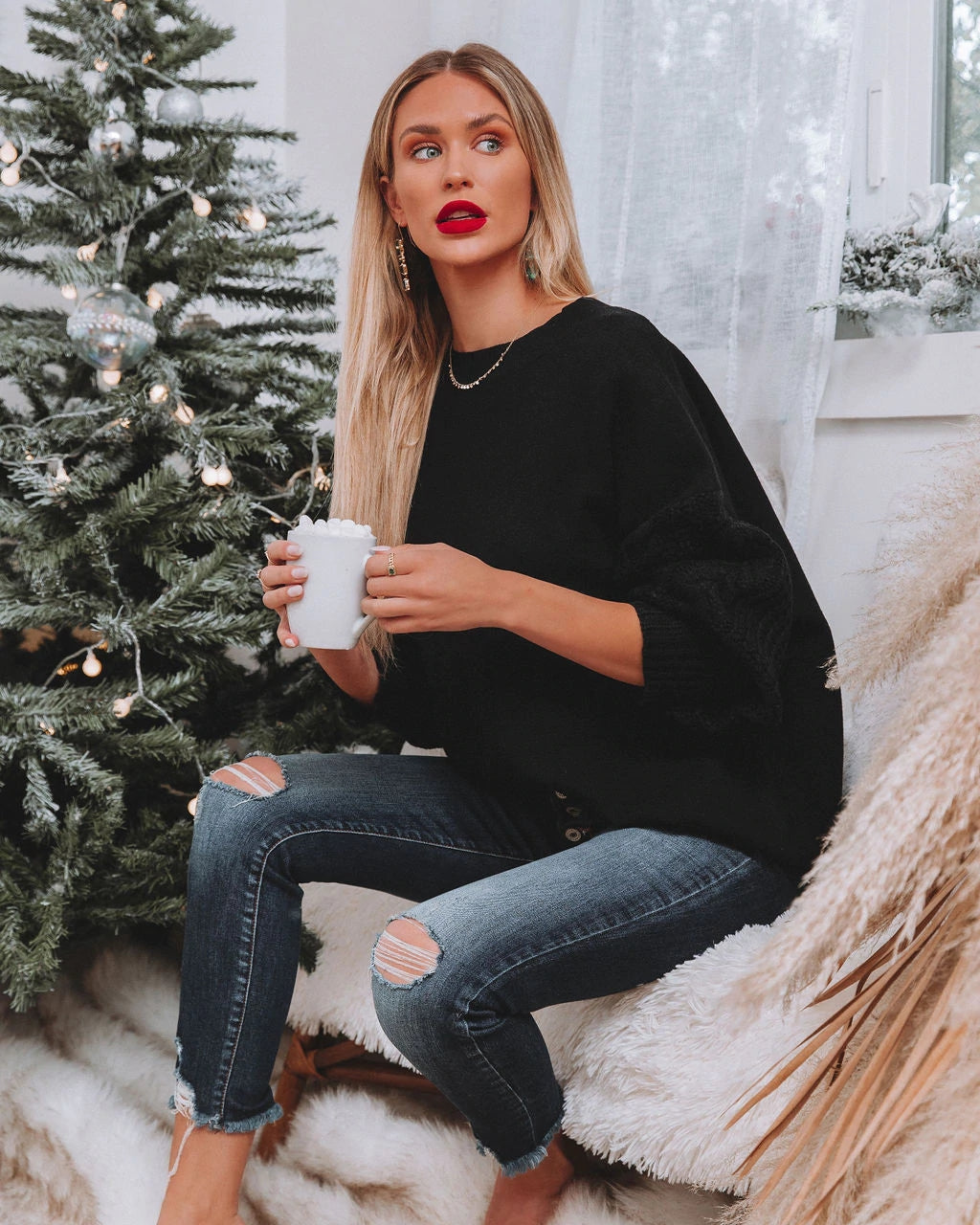 Braided Sleeve Knit Sweater - Black