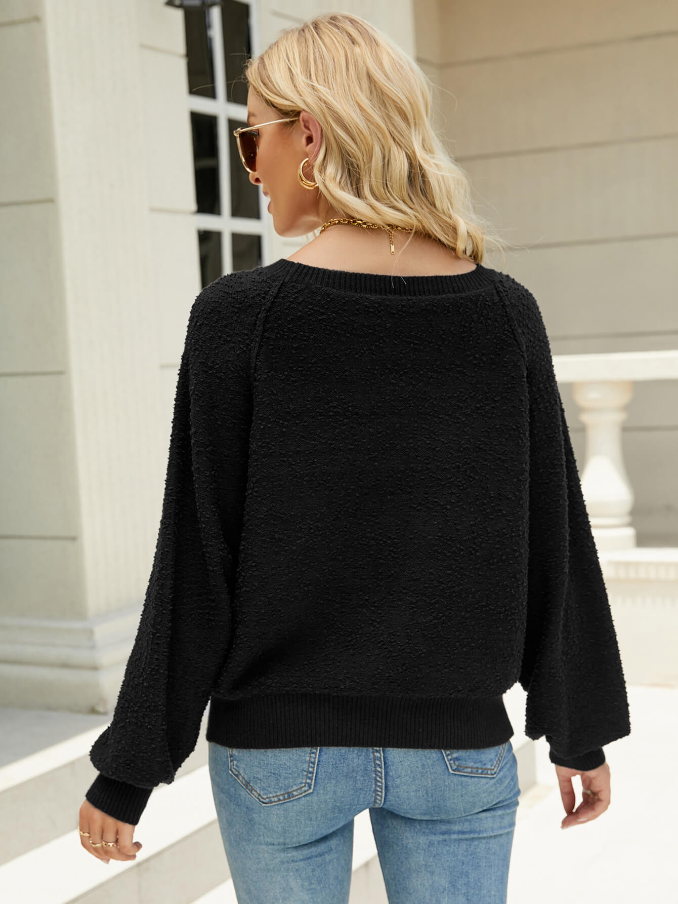 Fuzzy Balloon Sleeve Knit Sweater - Black