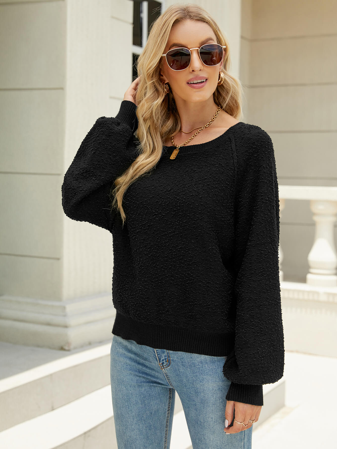 Fuzzy Balloon Sleeve Knit Sweater - Black