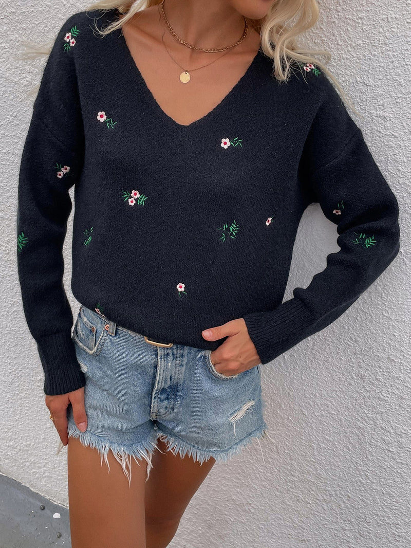 | Black Low V-neck Daisy Embroidered Knit Sweater