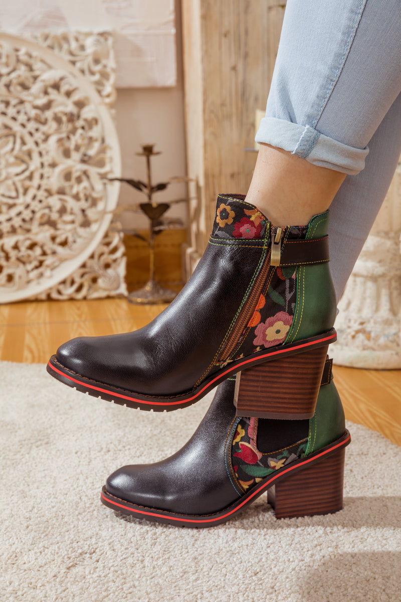 Soffia | Pattern Block Heel Leather Ankle Boot