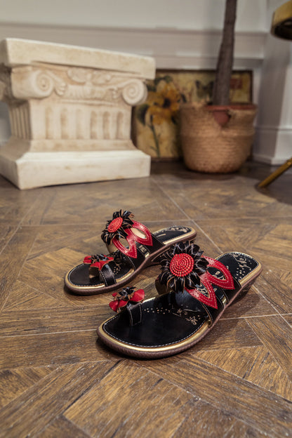 Soffia | Genuine Leather Ring Toe Appliqued Flat Flip Flop Sandals - Black