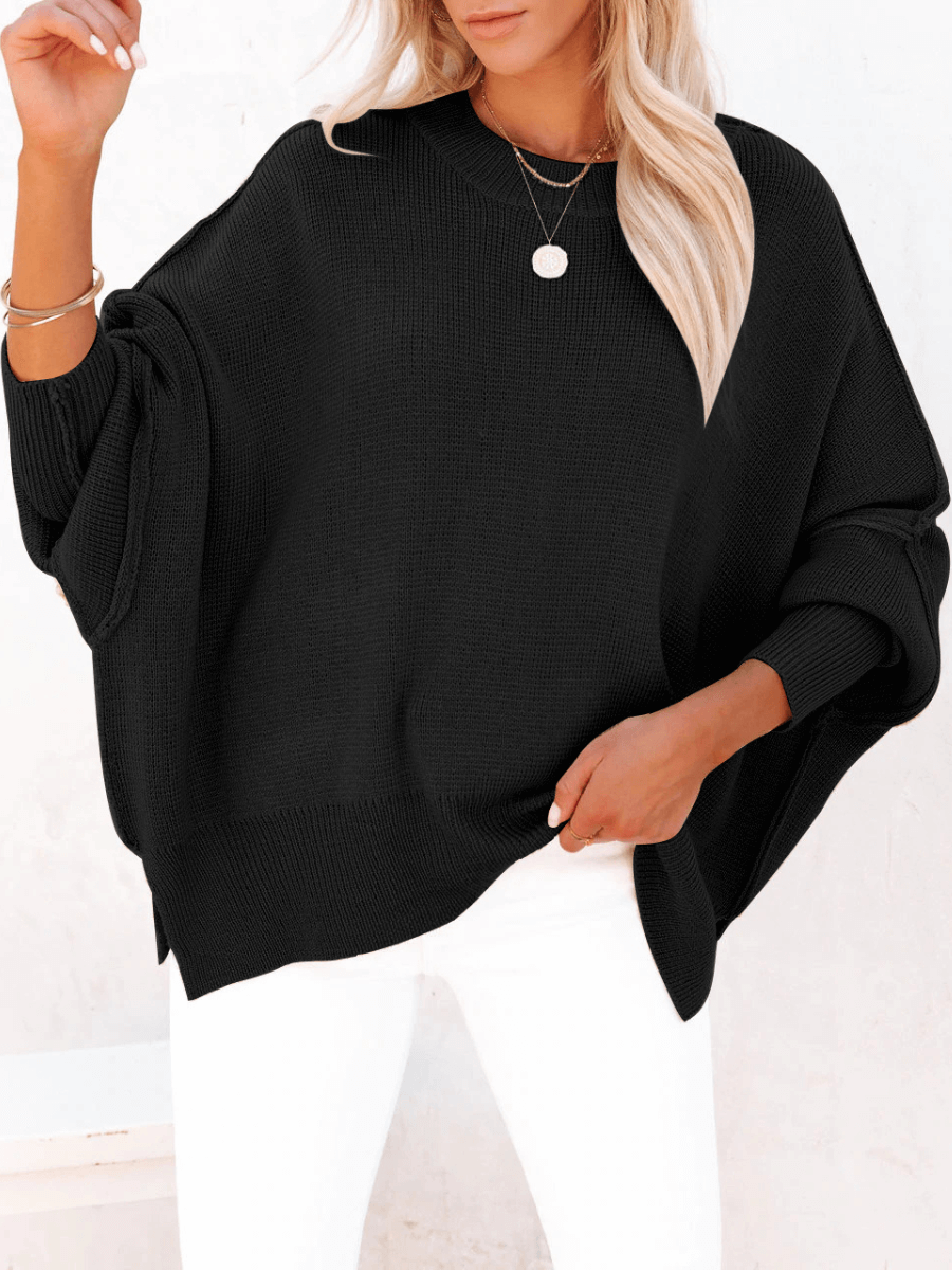 Oversized Batwing Sleeve Knit Sweater - Black