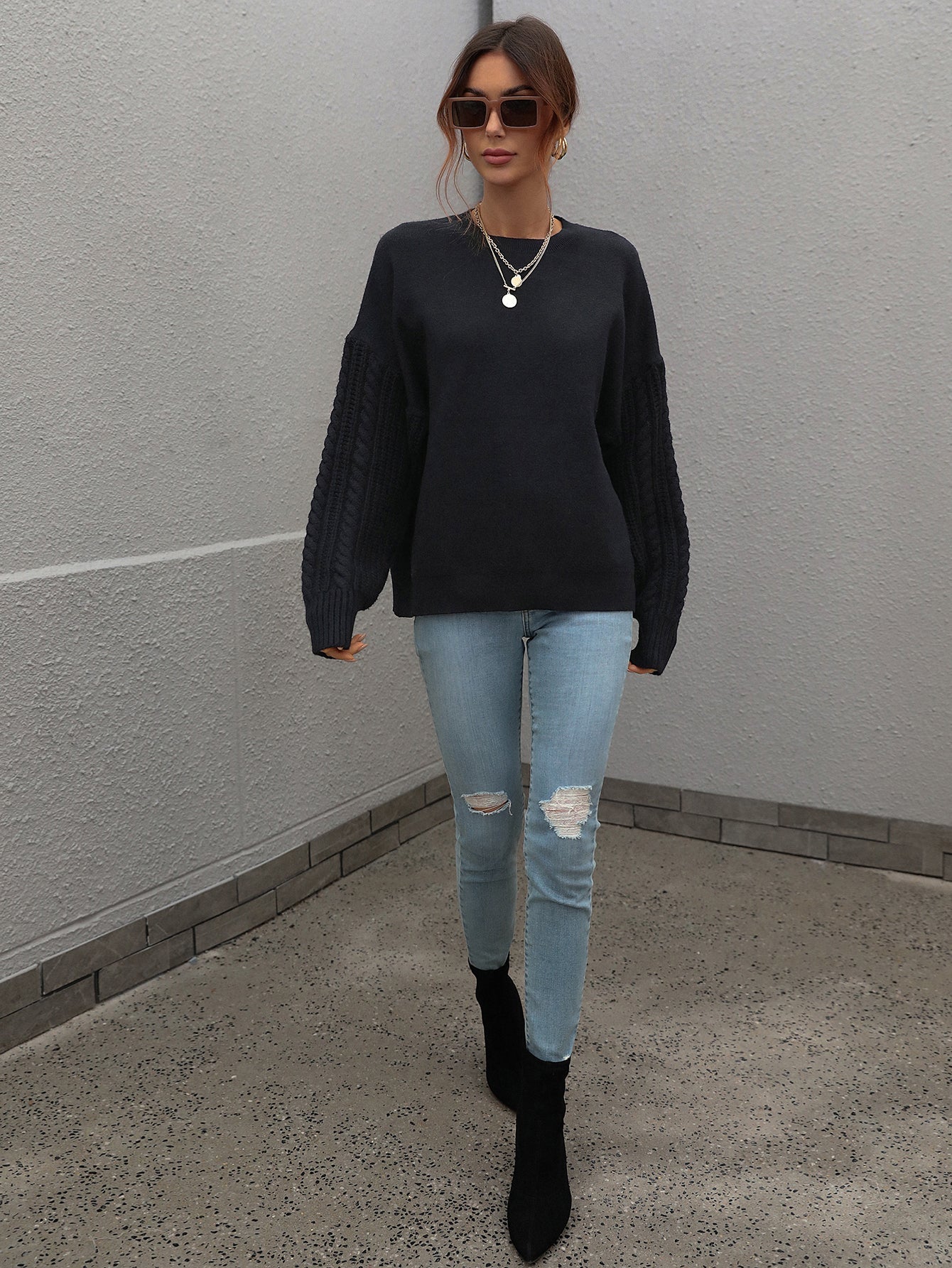 Braided Sleeve Knit Sweater - Black