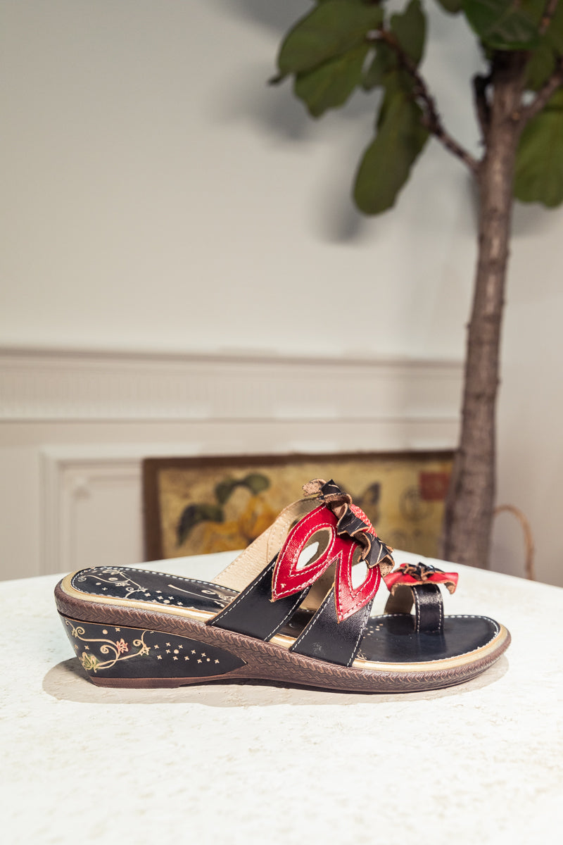 Soffia | Genuine Leather Ring Toe Appliqued Flat Flip Flop Sandals - Black