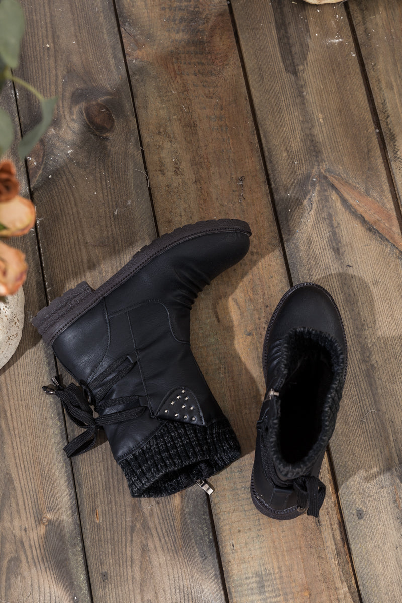 En Bloom | Black Ruched Back Tie-accent Flat Comfy Combat Boots