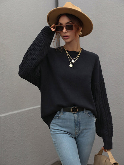 Braided Sleeve Knit Sweater - Black