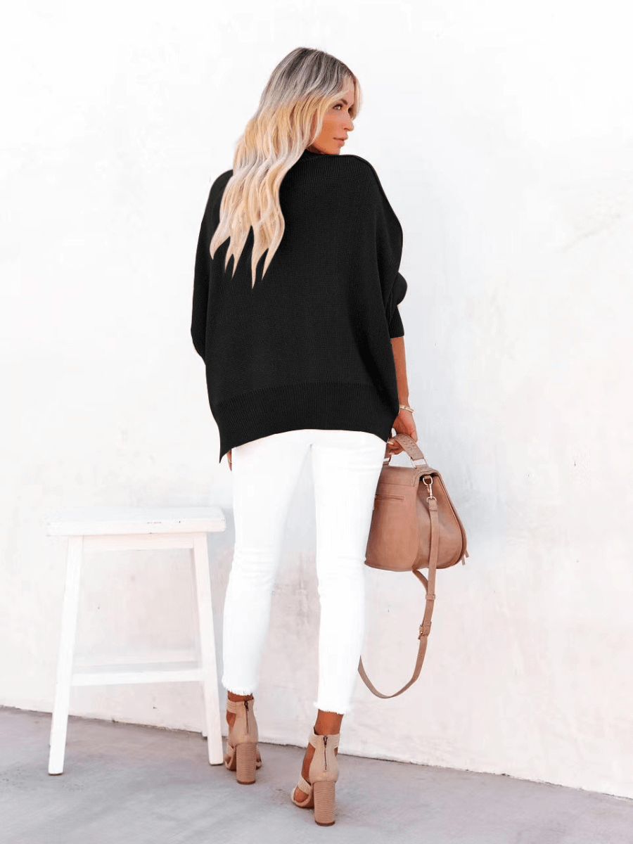 Oversized Batwing Sleeve Knit Sweater - Black
