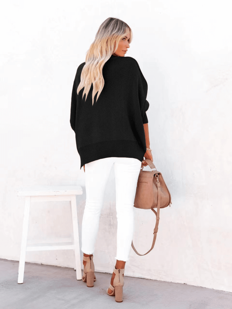 Oversized Batwing Sleeve Knit Sweater - Black