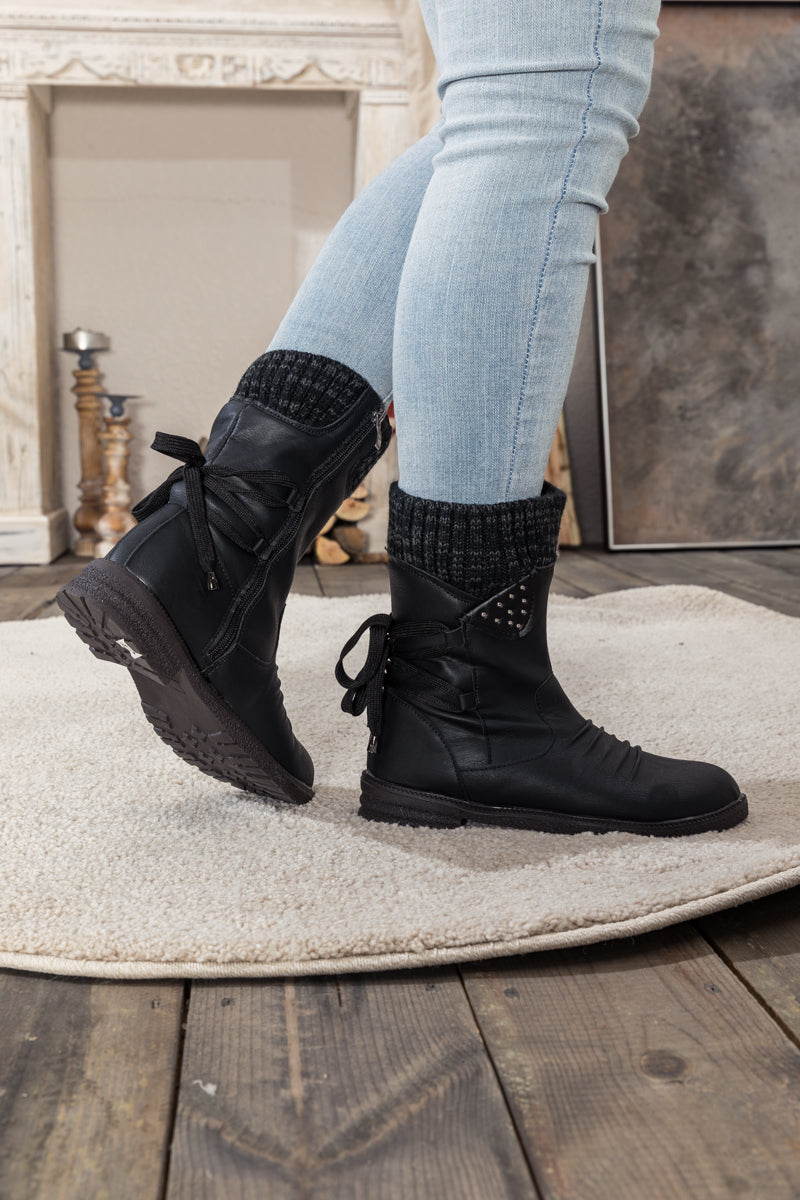 En Bloom | Black Ruched Back Tie-accent Flat Comfy Combat Boots